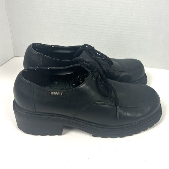 ESprit 7.5 Black Lace Up Oxford Chunky Shoes 90s Y2K Leather School Girl CLAY - Picture 1 of 10